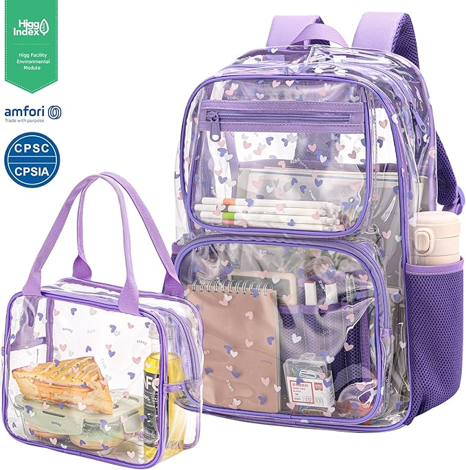Heavy Duty Clear Backpack Lunch Bag Box Set for 8-Year-Olds - Practical and Stylish School Essentials(clear backpack & clear tote lunch bag-purple)