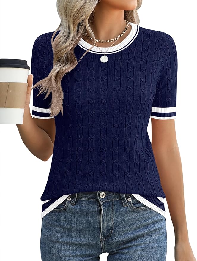 Micoson Womens Short Sleeve Cable Knit Sweater Tops Crewneck Lightweight Spring Summer Shirts Business Dressy Casual Outfits