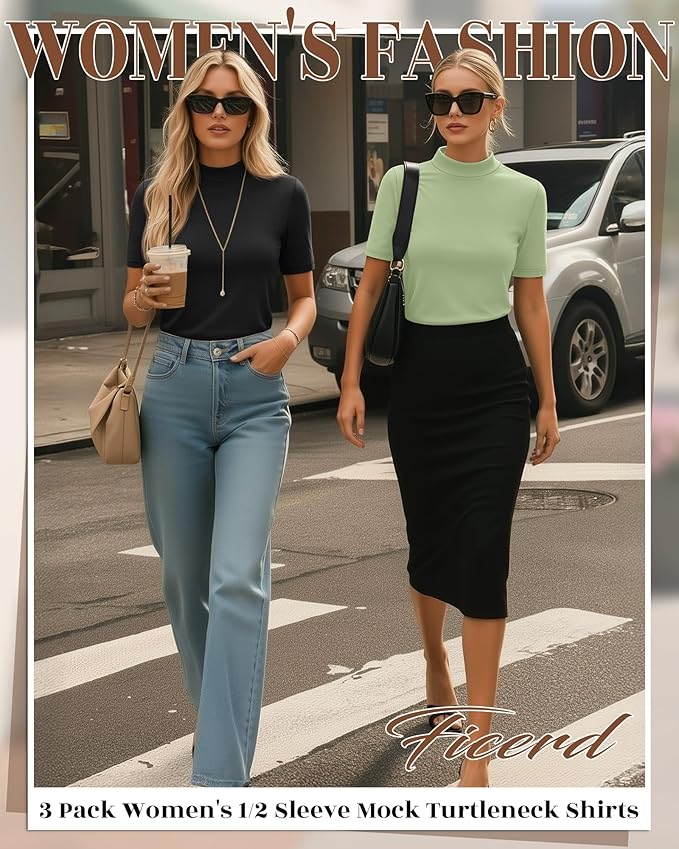 Ficerd 3 Pack Women's 1/2 Sleeve Mock Turtleneck Shirts, Elbow Length Shirt Half Sleeve Tunic Top Casual Summer Basic Tees