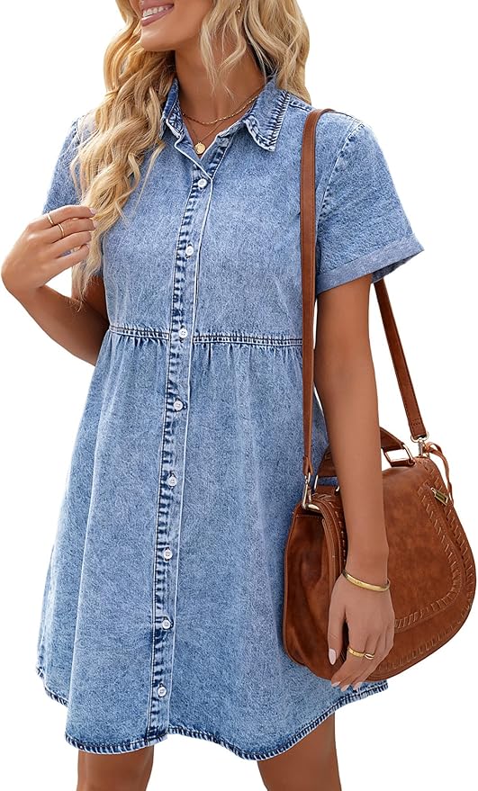 LookbookStore Women's Short Sleeve Button Down Flowy Tiered Babydoll Denim Dress