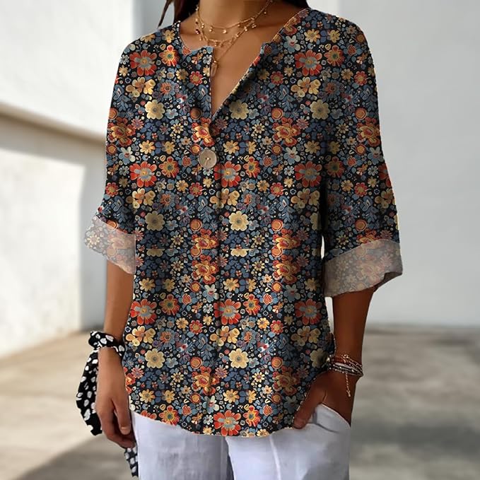 Long Sleeve Shirts for Women V Neck Button Boho Graphic Blouses Casual Collared Fashion Summer Flowing Tops