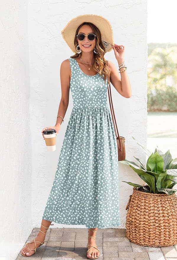 WNEEDU Women's Summer Maxi Dress 2026 Casual Sleeveless Hawaiian Sundress Tropical Long Dress Beach Vacation Outfit