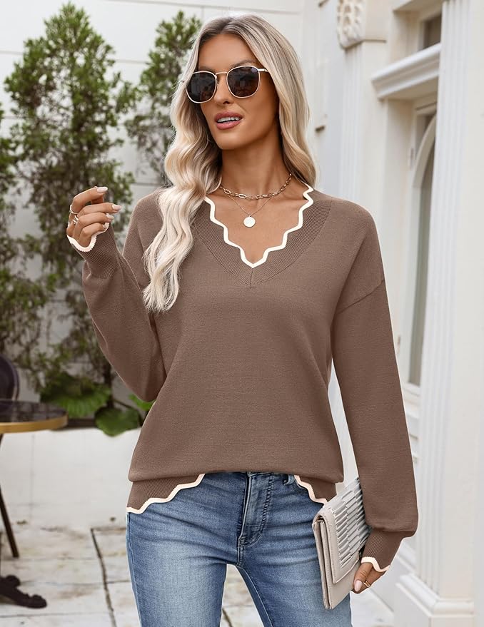 Zeagoo Women's 2026 Fall V Neck Sweater Casual Long Sleeve Lightweight Ribbed Knit Pullover Sweaters Dressy Casual Tops