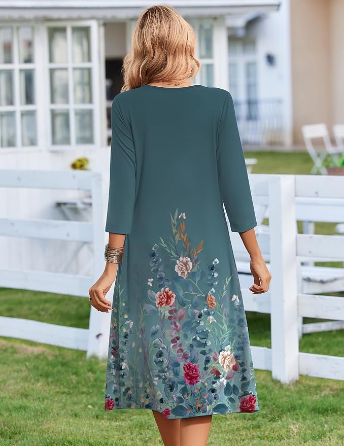 ZEAGOO 3/4 Sleeve Women's Dress Casual Flowy A-Line Midi Tshirt Dresses with Pocket Empire Waist Summer Boho Beach Sundress