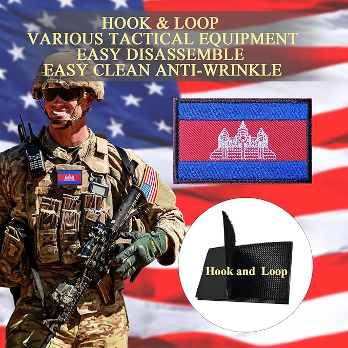 EmWoot 2PCS Cambodia Flag Patch Embroidered Morale Patch Military Tactical Patches Hook and Loop