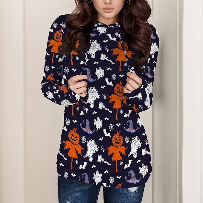 domirica Halloween Hooded Sweatshirt Long Sleeve Pocket Trendy Pumpkin Skull Sweatshirt Halloween Costumes For Holiday Party
