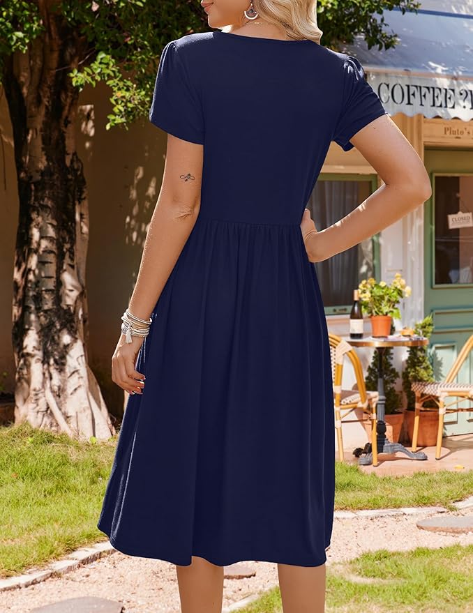 HOTOUCH Women's Summer A-Line Midi Dresses 2026 Casual Floral Short Sleeve T-Shirt Dress Flowy Beach Sundress with Pockets