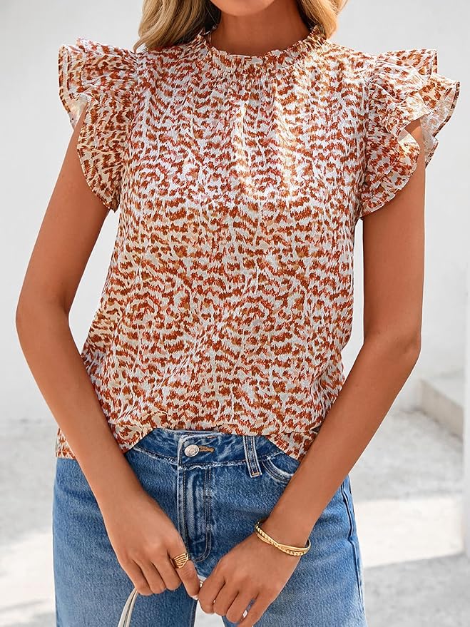 PRETTYGARDEN Women's Ruffle Short Sleeve Summer Tops 2026 Trendy Floral Trim Neck Casual Dressy Chiffon Boho Blouses Shirts