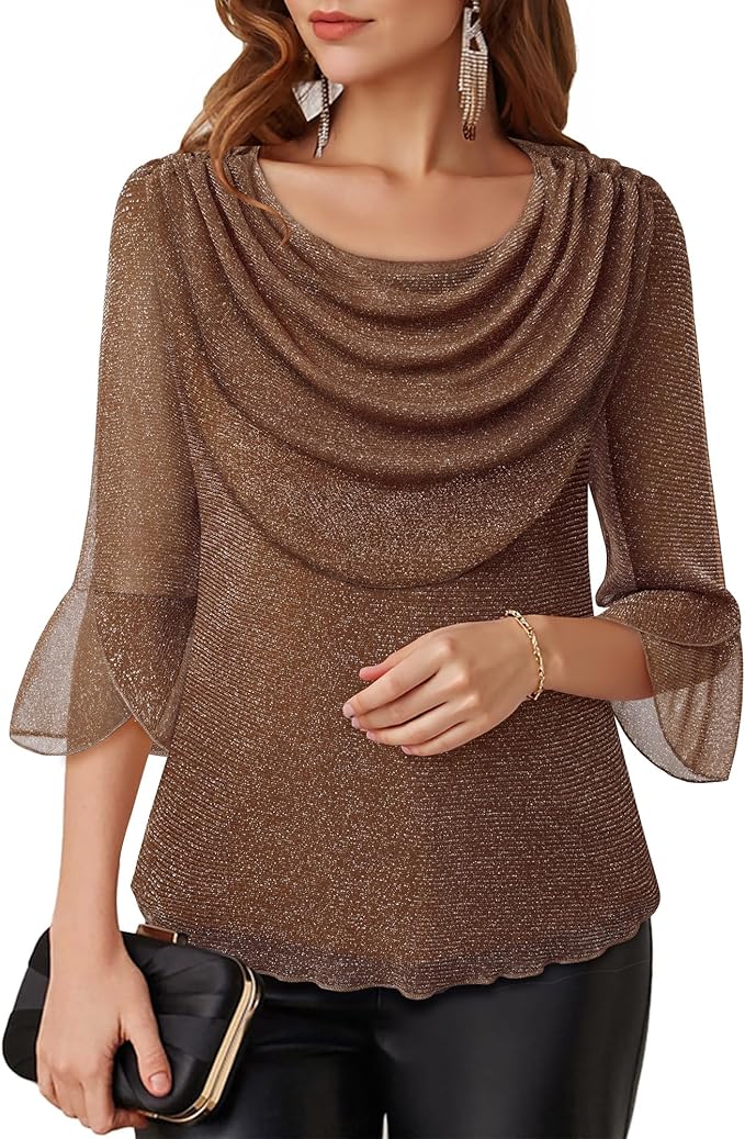 Lotusmile Blouses for Women Dressy Casual 3/4 Sleeve Cowl Neck Sparkly Tops Cocktail Shirts for Evening Party