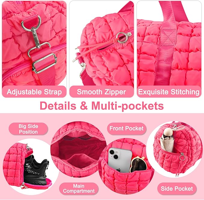 Quilted Travel Duffle Bag Gym Bag for Women,Large Puffer Duffle Weekender Bag with Compartment,Workout Overnight Carry on Organizer Bag Duffle Bag for Airplane Travel(L-Rosered)