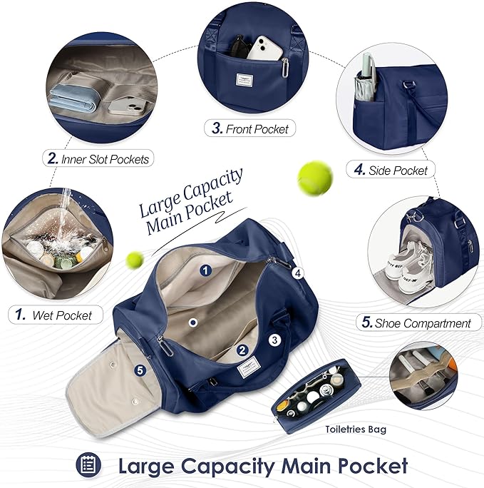 FIORETTO Womens Gym Tote Duffle Bag with Toiletry Bag, Sports Duffel Overnight Hospital Workout Carry on Bag for Girls with Wet Pocket & Shoe Compartment, Ideal for Travel, Swimming, Dance Navy Blue