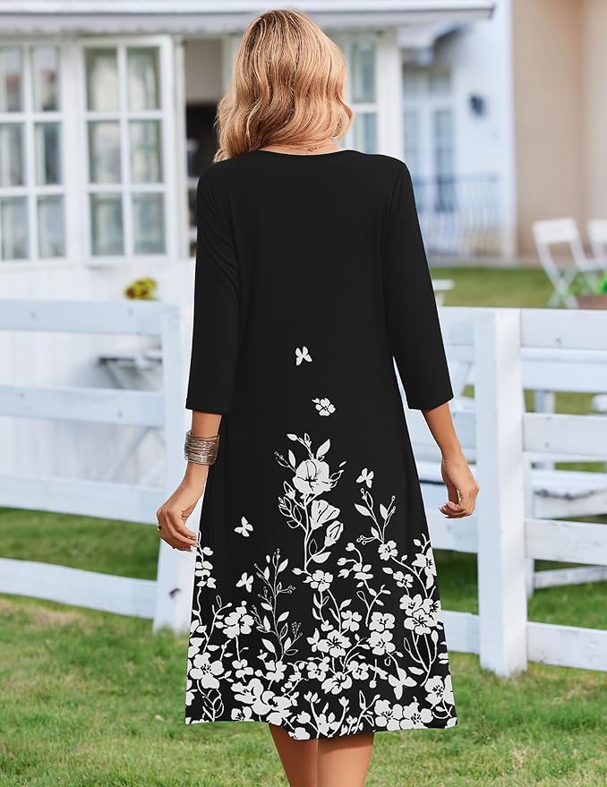 ZEAGOO 3/4 Sleeve Women's Dress Casual Flowy A-Line Midi Tshirt Dresses with Pocket Empire Waist Summer Boho Beach Sundress