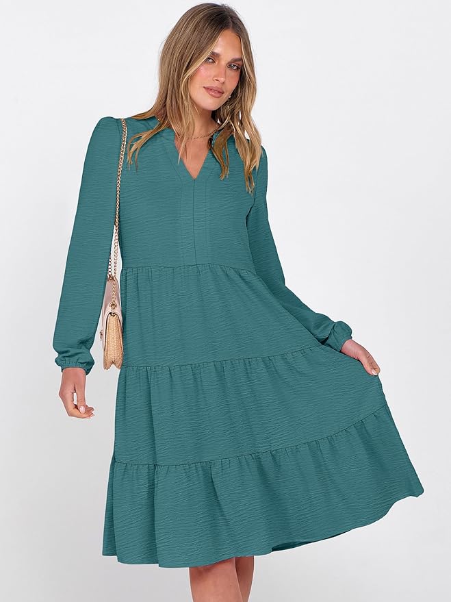 ANRABESS Womens Fall Midi Dresses Long Sleeve V Neck Swing Tiered Work Business Casual 2026 Flowy Beach Vacation Dress
