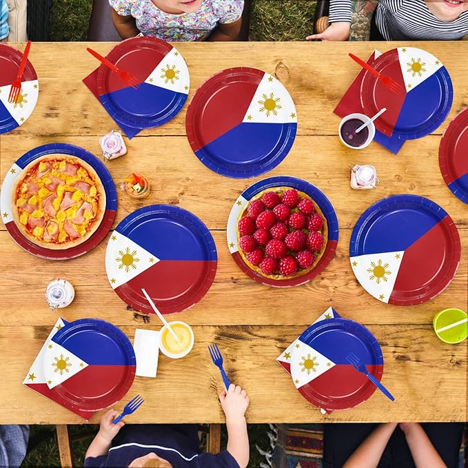 Greencian 96Pcs Philippines Flag Party Supplies Philippine National Flags Plates and Napkins Philippine Independence Day Tableware Set for National Events Patriotic Festival Decorations，Serves 24