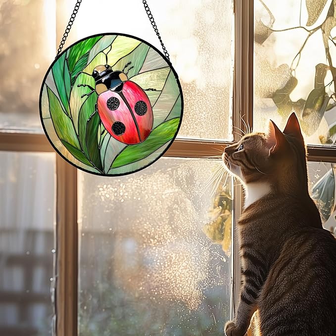 Stained Glass Window Hanging 4 Pcs Set Pink Green Insect Theme 9.8" - Butterfly Suncatcher Door Garden Sun Catcher Decor Birthday Christmas for Mom Woman Nana Men