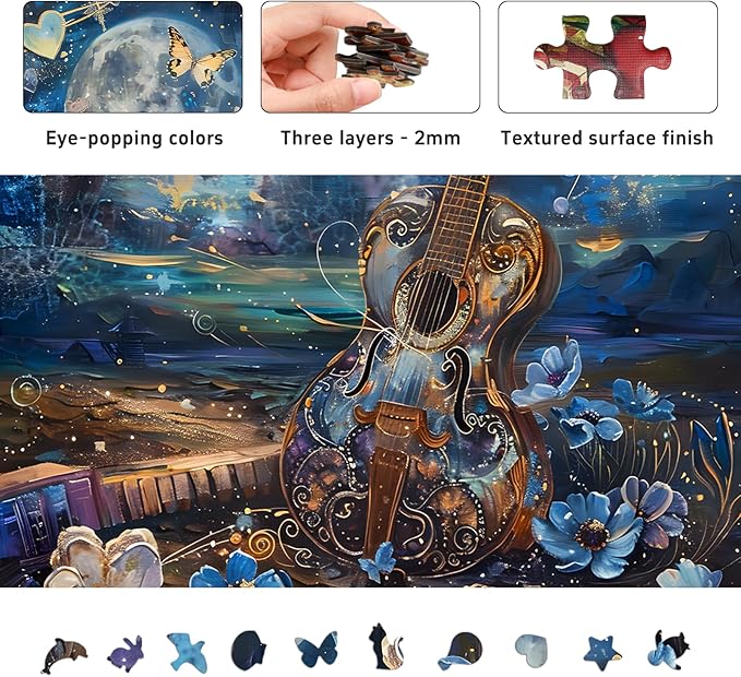 Naturelish Guitar Moon Night Jigsaw Puzzles for Adults 1000 Pieces, Murder Mystery, Unique Brain Challenging Shaped Puzzle for Game Night, Family, Friends, Size 26.6x19.2