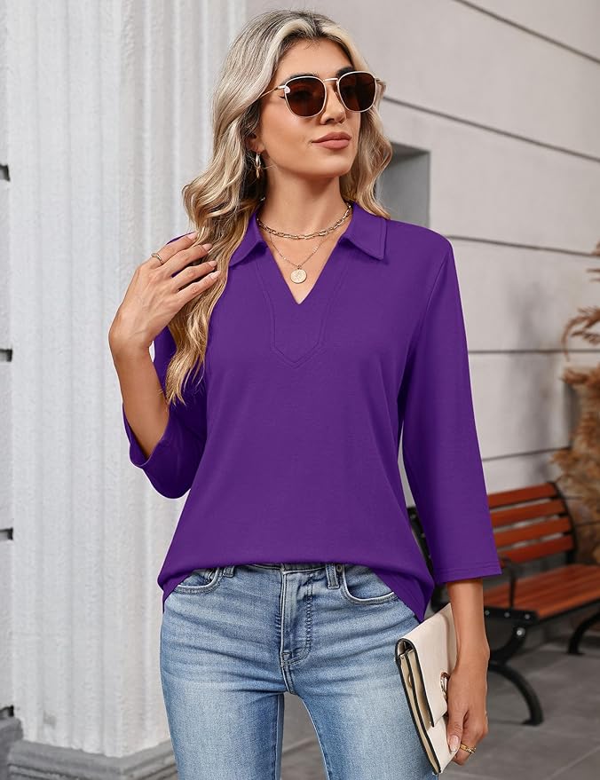 LOMON 3/4 Length Sleeve Womens Tops 2026 Spring Summer Collared Polo Shirts V Neck Casual Basic Polos Tees Shirt
