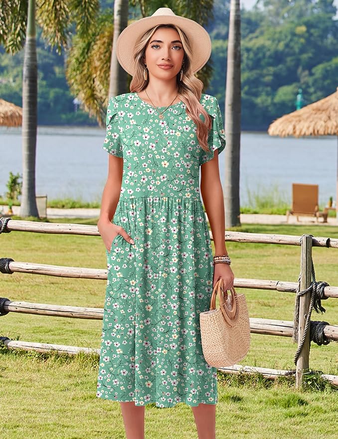 HOTOUCH Women's Summer A-Line Midi Dresses 2026 Casual Floral Short Sleeve T-Shirt Dress Flowy Beach Sundress with Pockets
