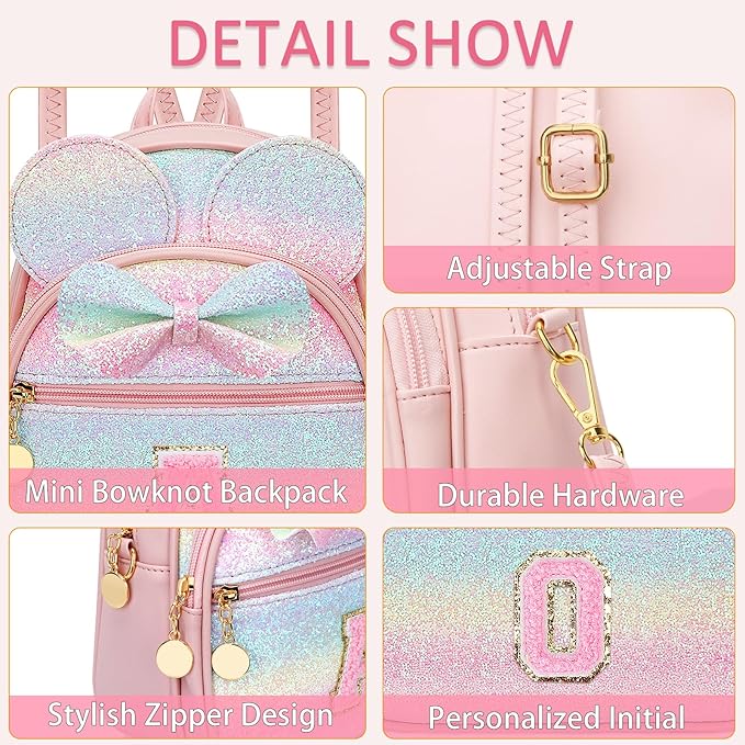 KKXIU Initial Bowknot Mini Backpacks for Girls Women, Small Cute Backpack Purse, Personalized Valentines Day Gifts for Toddler, Kids and Teen Girls(O, Rainbow)