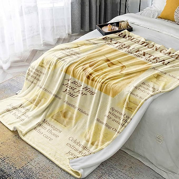 Graduation Blanket, 60x50 Soft Flannel Throw, Newspaper-Style Keepsake Gift for Her or Him, Retro Newsprint Aesthetic, Dorm Send-Off, Beige-Gold Inspirational Quotes