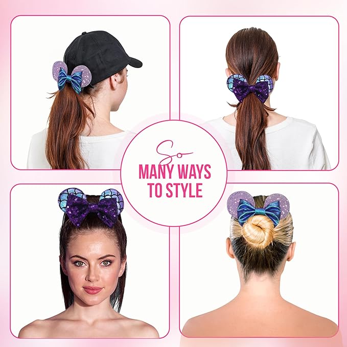 Styla Hair 2pk Mouse Ear Scrunchies for Kids Velvet Hair Bow Scrunchies for Women - Sparkle Sequins Mouse Hair Bands for Pony Tail Minnie Ears (Purple Mermaid)