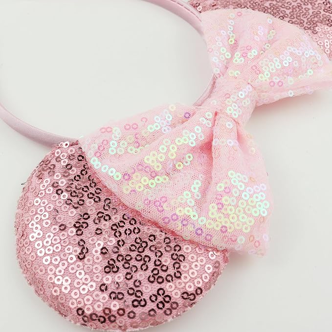 LIHELEI Minnie Ears Headbands for Princess, Pink Mouse Ears Headbands for Halloween Costume, Sequin Bows Headwear Hair Accessories for Women - Pink