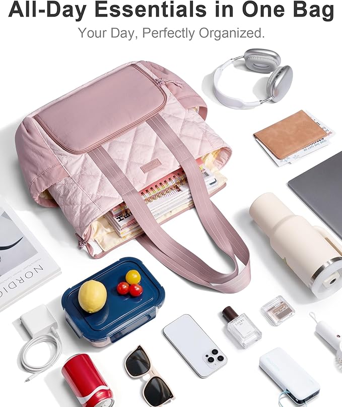 Puffer Lunch Tote Bag for Women, 15.6 Inch Laptop Work Bag with Insulated Lunch Compartment & Large Cup Holder, Lightweight Quilted Puffy Lunch Box Purse for Teacher Nurse Travel Office Daily School