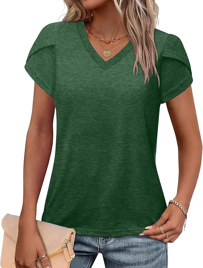 WIHOLL Womens Tops V Neck Summer Petal Sleeve Casual Tshirts