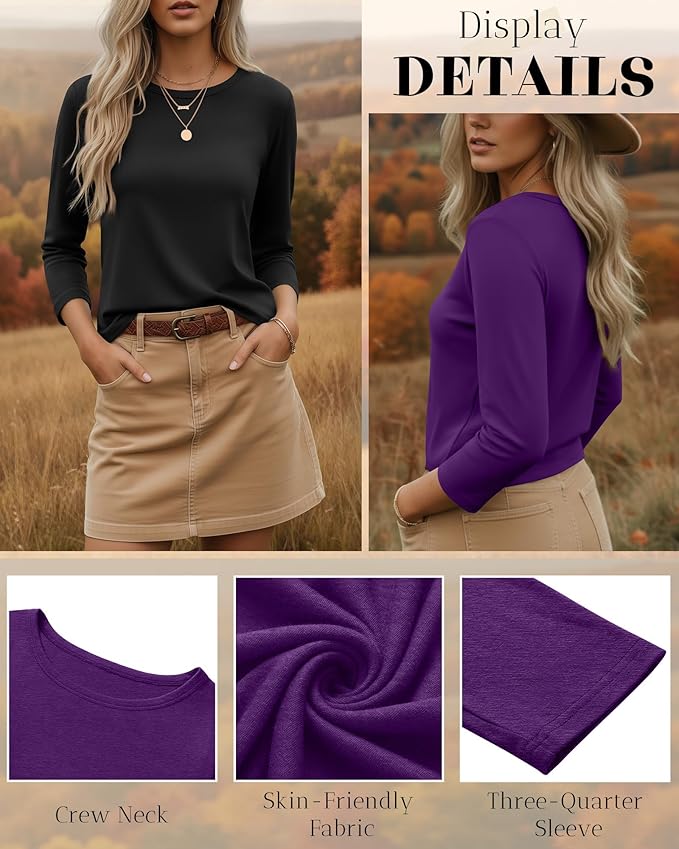Ficerd 3 Pack 3/4 Sleeve Tops for Women Round Neck Dressy Basics Tees Casual Trendy Loose Fit T Shirts