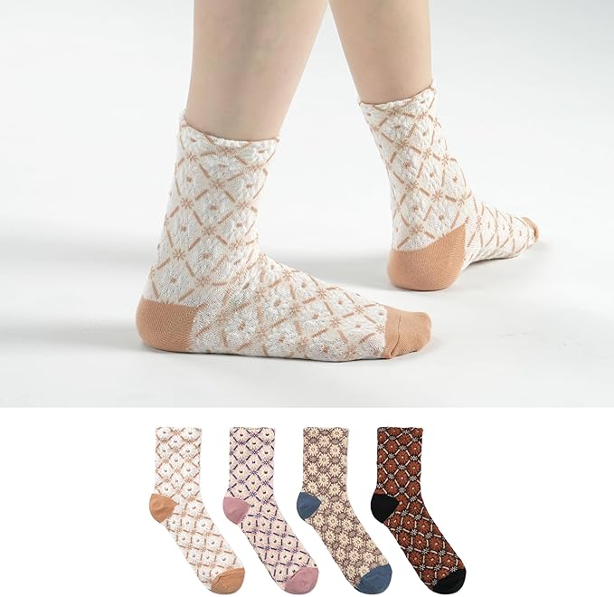 Kikiya Women's Cotton Crew Socks - Cute Flower Graphic Polka Dot Striped Heart Patterned - Ladies Girls Casual Socks Size 6-8
