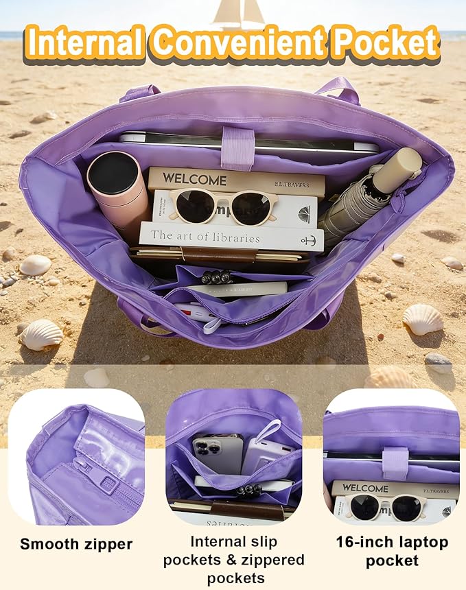 Tote Bag for Women, Lightweight Beach Bag with Laptop Pocket for Teacher Nurse, Travel Shoulder Handbag for College