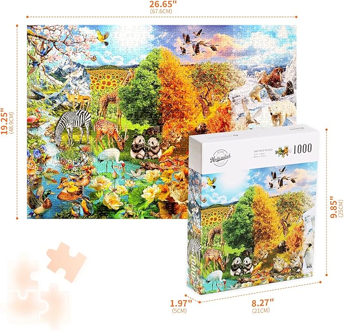 Naturelish Jigsaw Puzzle for Adults 1000 Pieces, Four Seasons Scenery with Different Animals, Colorful Landscape Nature Scene Art Puzzle, Challenging Game for Family Friends Display, 20x27 Inches