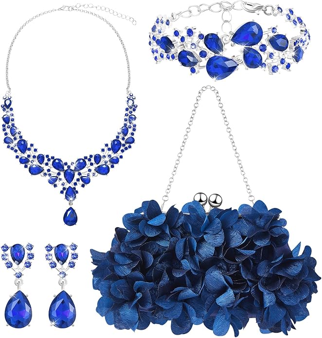 4 Pcs Flower Clutch Rhinestone Jewelry Set Rose Clutch Handbags with Detachable Strap Detachable Necklace Earrings Bracelets for Wedding Party Prom Valentine Gift