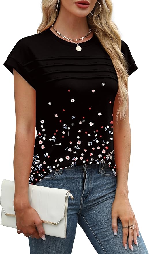 WEESO Womens Summer Tops Trendy 2026 Cap Sleeve T Shirts Crew Neck Pleated Front Beach Vacation Clothes Fashion