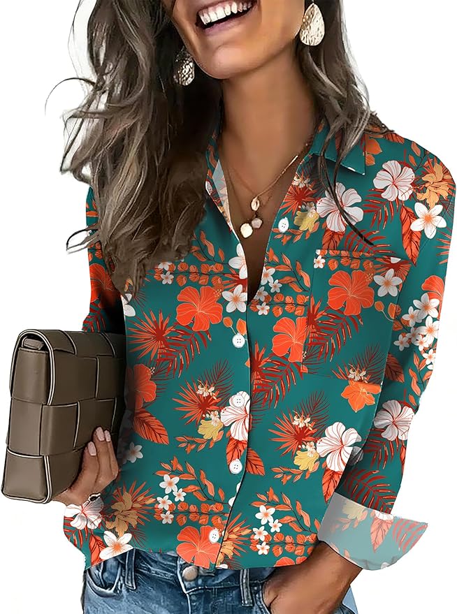 HOTOUCH Button Down Shirts for Women Long Sleeve Blouse Dressy Casual Business Work Tops with Pocket
