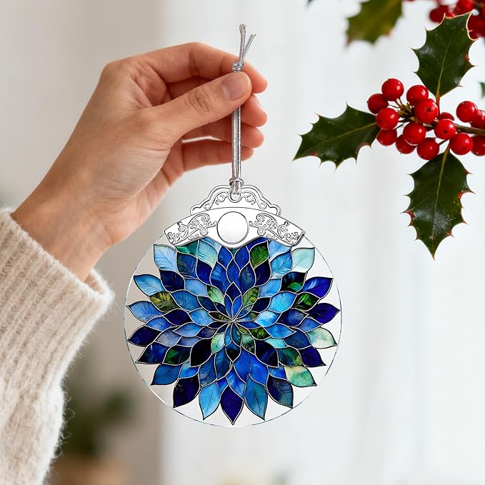 Blue and Green Leaves Mandala Stained Glass Ornament – Christmas Ornament, Christmas Tree Ornament & Perfect Holiday Decor, Housewarming Gifts, Gifts for Women, Friends or Family