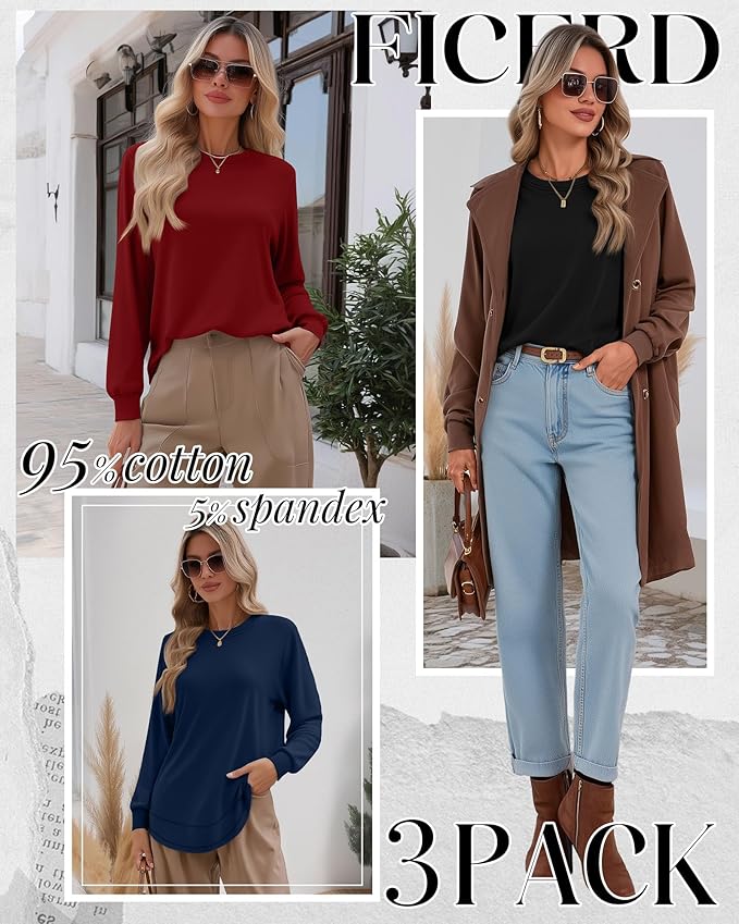 Ficerd 3 Pack Women's Long Sleeve Shirts, Cotton Crew Neck Tunic Tops Casual Loose Fit Pullover Sweatshirts Curved Hem Shirts