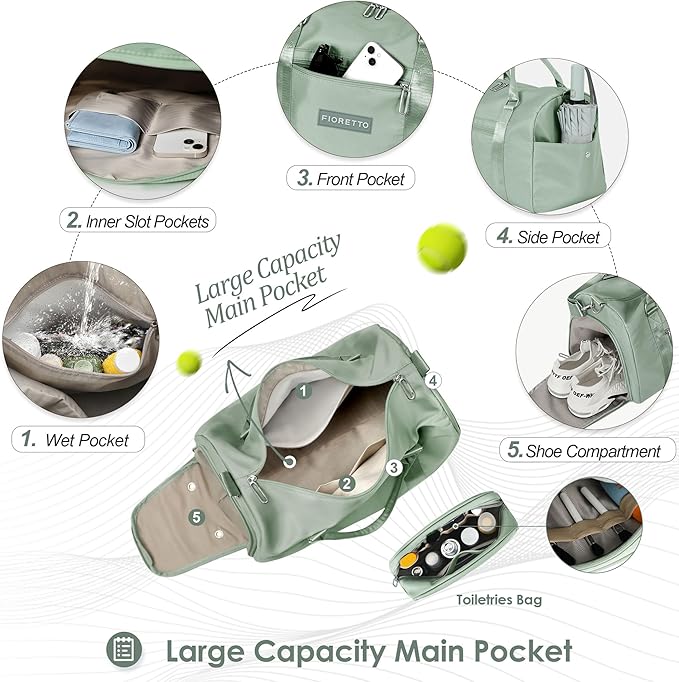 FIORETTO Womens Gym Tote Duffle Bag with Toiletry Bag, Sports Duffel Overnight Hospital Workout Carry on for Girls with Wet Pocket & Shoe Compartment, Ideal for Travel, Swimming, Celadon