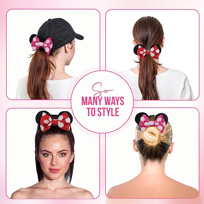 Styla Hair 2pk Mouse Ear Scrunchies for Kids Velvet Hair Bow Scrunchies for Women - Sparkle Sequins Mouse Hair Bands for Pony Tail (Red Pink Polka Dot)