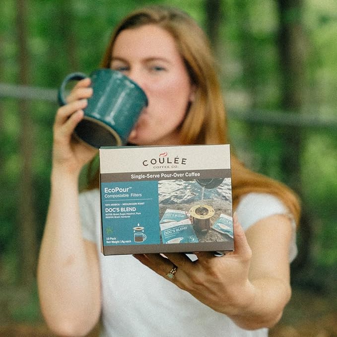 Coulée EcoPour She Devil Coffee, Single Serve Pour Over Arabic Coffee, Medium Roast, Use for Camping or Traveling, Pre Filled Compostable Filters, Ready to Brew with Hot Water, 10 Pack