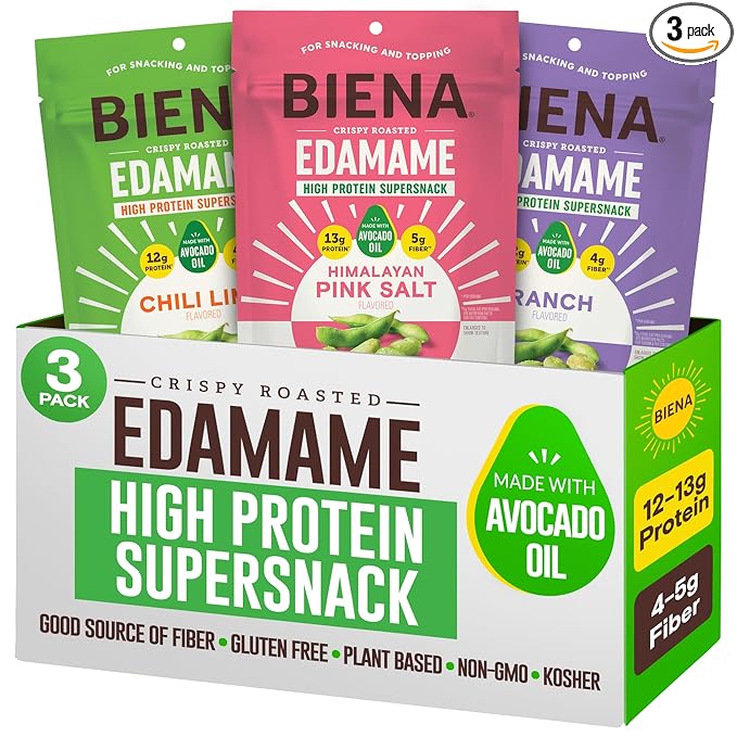Biena Crispy Roasted Edamame Beans Snack – High Protein Snack for Adults & Kids, 12g-13g Protein per Serving - Made with Avocado Oil – Vegan, Low Carb, Gluten-Free – 3-Pack 4.75oz Variety Pack