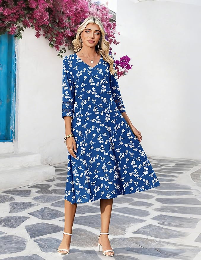 Zeagoo Women's Dresses 3/4 Sleeve Summer Casual V-Neck A Line Flowy Eyelet Midi Dress for Women Beach Vacation Sundress