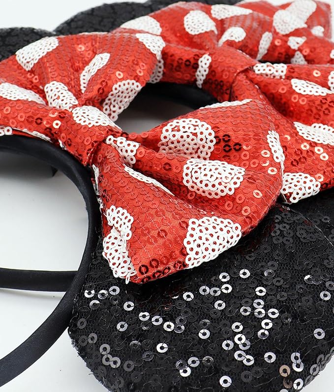 LIHELEI Mouse Ears Headband with Sequin Bows, Headbands for Kids Halloween Costume, Headwear Hair Accessories for Women Girls - Red and Black Headband-B