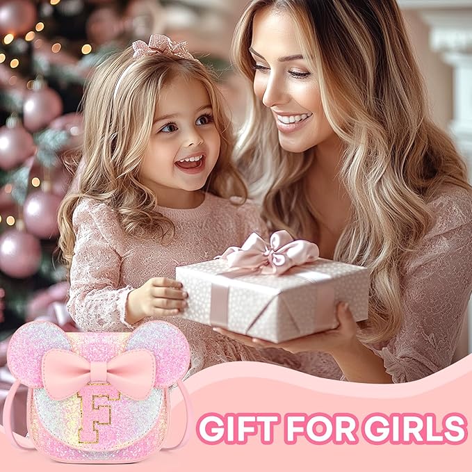 mibasies Toddler Purse Girl Gifts: Girls Birthday Gifts for 3-8 - Toys for Ages 2-4 Girls Mouse Ears Purse, Glitter Rainbow, Letter F