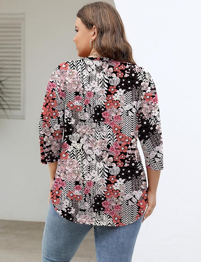 TFSDOD Womens Plus Size Tops V Neck T Shirts 3/4 Sleeve Blouse Summer Casual Tees XL-5X