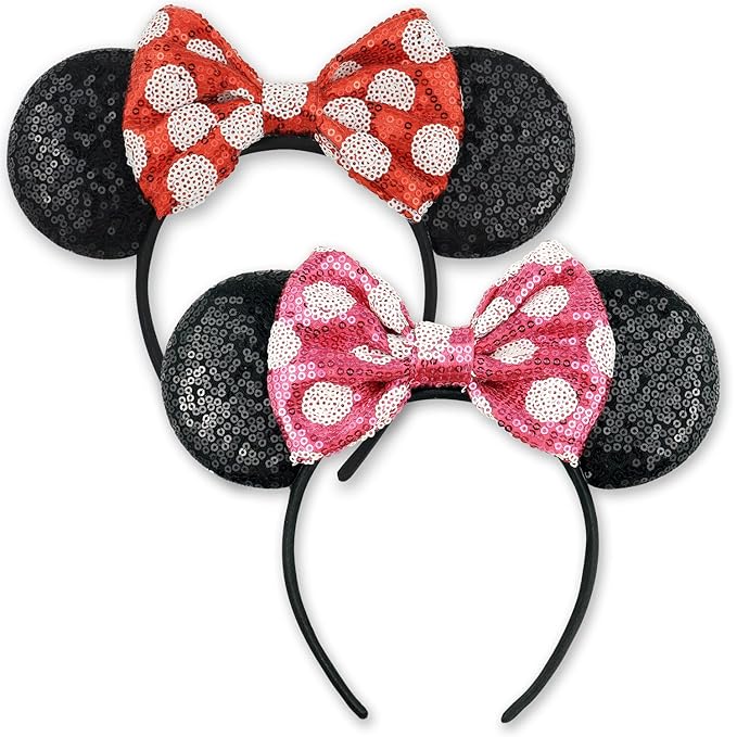 LIHELEI Minnie Ears Mouse Ears Headband with Sequin Bows, Headbands for Women Halloween Costume, Headwear Hair Accessories-2 pack Black and Red