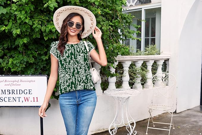 TASAMO Women's Casual Round Neck Basic Pleated Top Cap Sleeve Curved Keyhole Back Chiffon Blouse