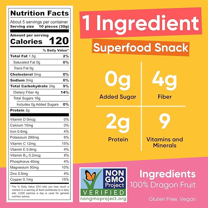 Yammy Dried Dragon Fruit Chips for Drinks Refreshers - Like Freeze Dry Dragonfruit Pieces - 1 Ingredient Healthy Snack for Adults & Kids - 2g Protein, 4g Fiber, Gluten Free Vegan, 5.6oz Value Size