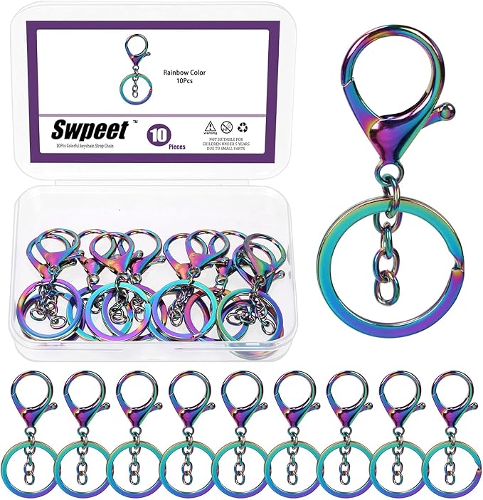 Swpeet 10Pcs Iridescent Color Lobster Claw Clasps with Key Chain and Flat Split Keychain Ring Assortment Kit, Swivel Clasps Hook Clips Swivel Snaps Hooks for Purse Strap Keychain DIY Crafts