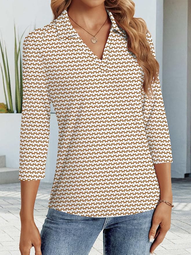 3/4 Length Sleeve Womens Tops Dressy Casual V Neck Polo Shirts Business Work Blouses 2025 Trendy Tunic Top